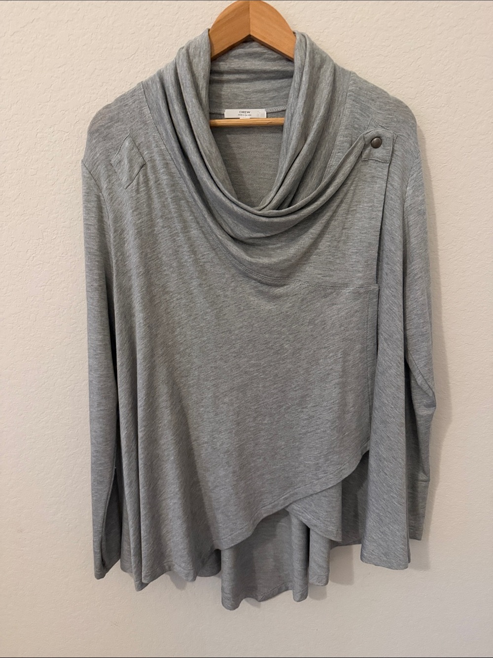 Drew New York Heather Grey Draped Cowl Neck Asymmetric Wrap Top - M
